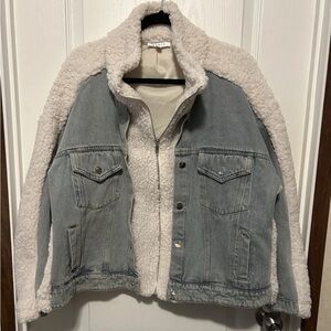 MABLE Sherpa Lined Denim Jacket Women's Size S Blue Jean Fleece Coat Button Up